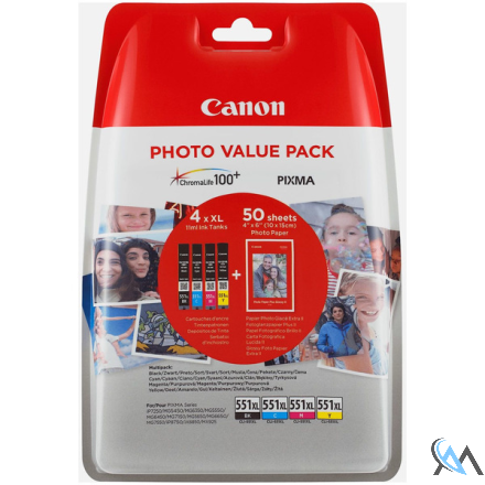 Original Canon 6443B006/CLI-551XL Tintenpatrone MultiPack High-Capacity CLI Bk,C,M,Y + Fotopapier PP-201 50 Blatt 5530pg + 3x695pg VE=4