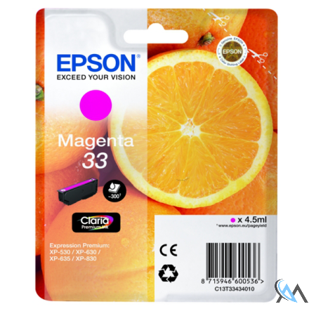 Original Epson C13T33434012/33 Tintenpatrone magenta, 300 Seiten ISO/IEC 19752 4,5ml