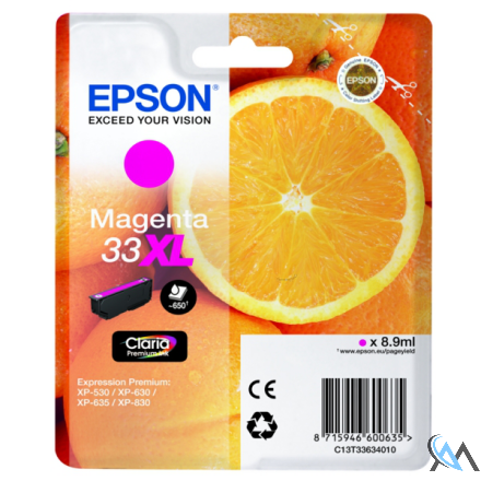 Original Epson C13T33634012/33XL Tintenpatrone magenta High-Capacity, 650 Seiten ISO/IEC 19752 8,9ml