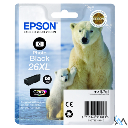 Original Epson C13T26314012/26XL Tintenpatrone schwarz foto High-Capacity XL, 400 Seiten 400 Fotos 8,7ml