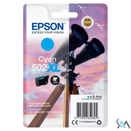 Original Epson C13T02W24010/502XL Tintenpatrone cyan High-Capacity, 470 Seiten 6,4ml