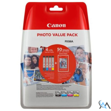 Original Canon 0332C005/CLI-571XL Tintenpatrone MultiPack Bk,C,M,Y High-Capacity + Fotopapier 50 Blatt 11ml VE=4