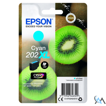 Original Epson C13T02H24020/202XL Tintenpatrone cyan Blister Acustic Magnetic High-Capacity, 650 Seiten 8,5ml