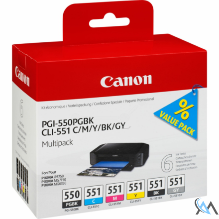 Original Canon 6496B005/PGI-550/CLI-551 Tintenpatrone MultiPack Bk,C,M,Y,Gy 7ml VE=6