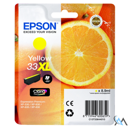 Original Epson C13T33644012/33XL Tintenpatrone gelb High-Capacity, 650 Seiten ISO/IEC 19752 8,9ml