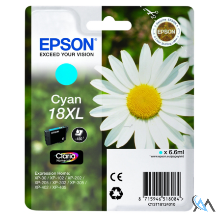 Original Epson C13T18124012/18XL Tintenpatrone cyan High-Capacity, 450 Seiten 6,6ml