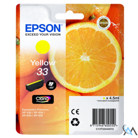 Original Epson C13T33444010/33 Tintenpatrone gelb, 300 Seiten ISO/IEC 24711 4.5ml