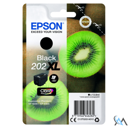 Original Epson C13T02G14020/202XL Tintenpatrone schwarz High-Capacity Blister Acustic Magnetic, 550 Seiten 13,8ml