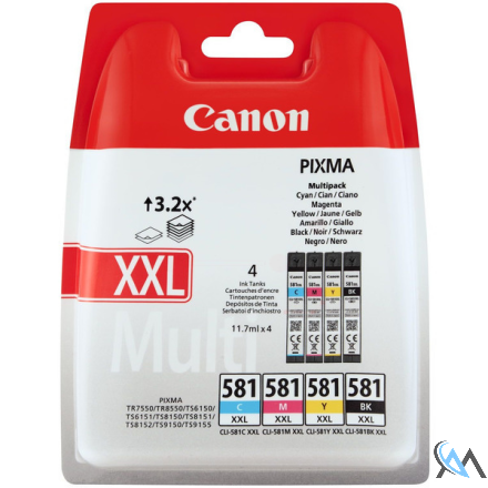 Original Canon 1998C005/CLI-581XXL Tintenpatrone MultiPack Bk,C,M,Y extra High-Capacity 11,7ml 6360/820/760/824 pg VE=4