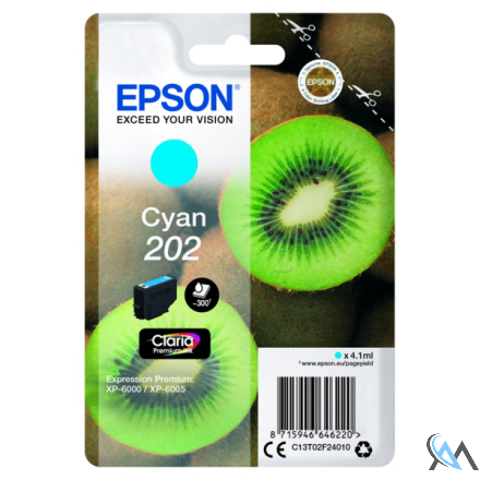 Original Epson C13T02F24020/202 Tintenpatrone cyan Blister Acustic Magnetic, 300 Seiten 4.1ml