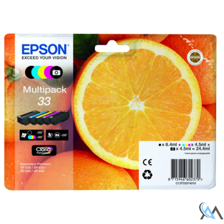 Original Epson C13T33374011/33 Tintenpatrone MultiPack Bk,C,M,Y,PBK EasyMail 6,4ml+4x4,5ml VE=5