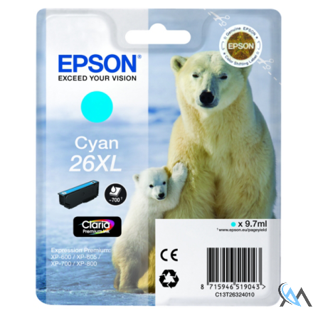 Original Epson C13T26324012/26XL Tintenpatrone cyan High-Capacity XL, 700 Seiten 9,7ml