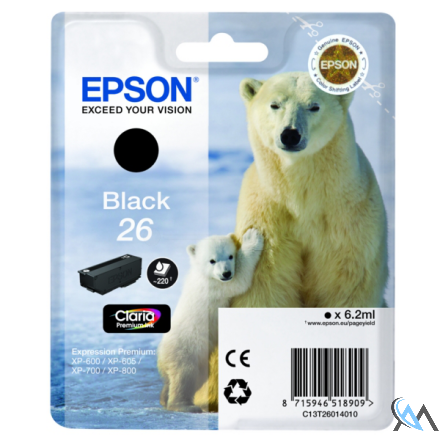 Original Epson C13T26014012/26 Tintenpatrone schwarz, 220 Seiten 6,2ml