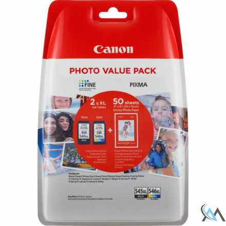 Original Canon 8286B006/PG-545XL+CL-546XL Druckkopfpatrone Multipack schwarz + color + Fotopapier 10x15cm 50 Blatt, 2x600 Seiten ISO/IEC 24711 28ml VE=2