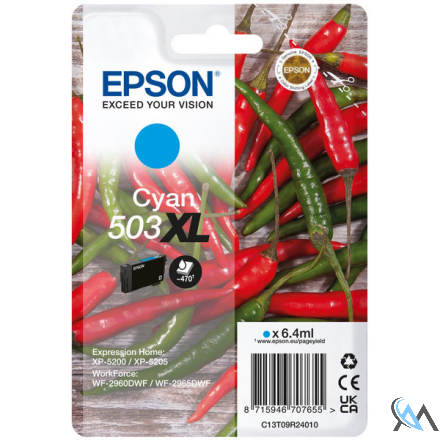 Original Epson C13T09R24010/503XL Tintenpatrone cyan High-Capacity, 470 Seiten 6,4ml