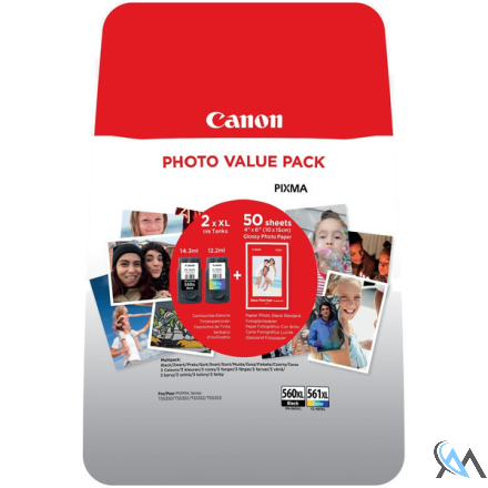 Original Canon 3712C004/PG-560XL+CL-561XL Druckkopfpatrone Multipack schwarz + color +50 Blatt Fotopapier 14,3ml + 12,2ml VE=2