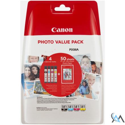 Original Canon 2106C006/CLI-581 Tintenpatrone MultiPack Bk,C,M,Y + Fotopapier 50 Blatt 10x15cm 5.6ml 1505/256/237/257 pg VE=4