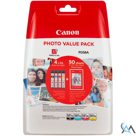 Original Canon 2052C006/CLI-581XL Tintenpatrone MultiPack Bk,C,M,Y High-Capacity + Fotopapier 50 Blatt VE=4