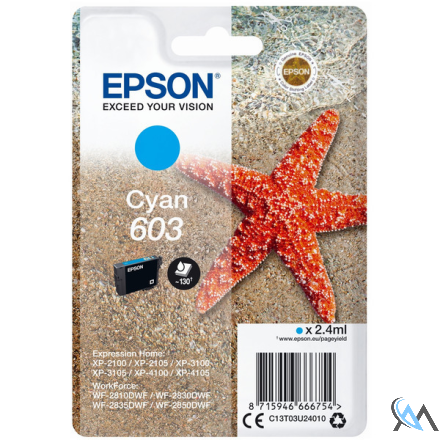 Original Epson C13T03U24010/603 Tintenpatrone cyan, 130 Seiten 2.4ml