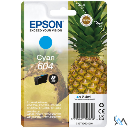 Original Epson C13T10G24010/604 Tintenpatrone cyan, 130 Seiten 2,4ml