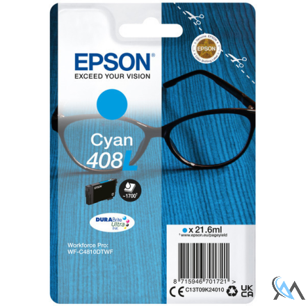 Original Epson C13T09K24010/408L Tintenpatrone cyan High-Capacity, 1.700 Seiten 21,6ml