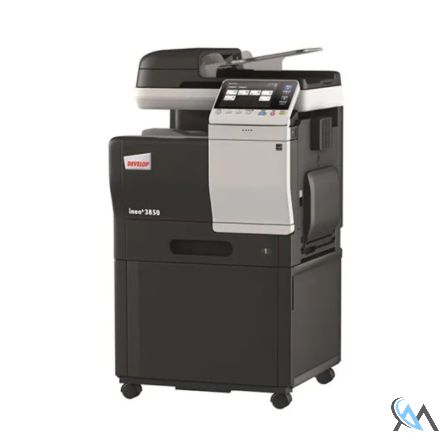 Develop Ineo+ 3350 Multifunktionsgerät refurbished DIN A4 MFP Farbe auf Unterschrank mit 14.546 gedruckten Seiten mit gebrauchtem Tonersatz BCMY: 100% Trommel: B: 71% CMY: 90% Fuser ok Transferband 91% / Baugleich Konica Minolta C3350