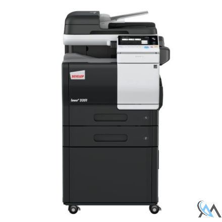 Develop Ineo+ 3351 Multifunktionsgerät refurbished DIN A4 MFP Farbe auf Papierfach und Rollwagen