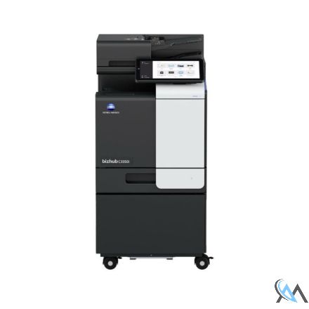 Konica Minolta bizhub C3350i Multifunktionsgerät refurbished auf Unterschrank DK-P04 mit 77.112 gedruckten Seiten Toner B:33% C: NEU M:13% Y:46% DK B59% CMY 42% Fuser 63% TB 55% 