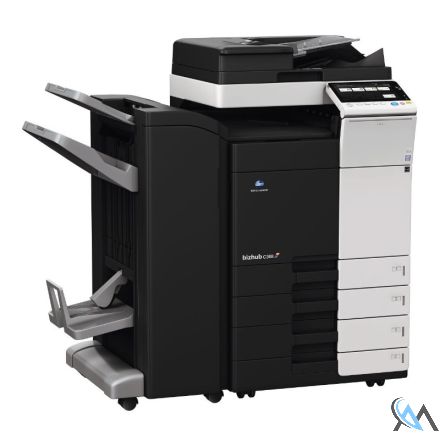 Konica Minolta bizhub C368 Farbkopierer refurbished auf Papierfach PC210 (2x500) Blatt mit Finisher FS-536 mit Tacker Locher Booklet (SD-511) mit gebrauchtem Tonersatz