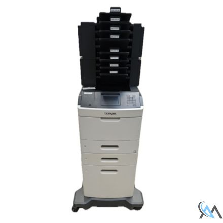 Lexmark M5163 Laserdrucker refurbished mit 98.756 Seiten gedruckt Toner schwarz 25% WK ok DK ok mit 2x 40G0852 4-bin mailbox; 1x 40G0804 2100-sheet tray; 1x 40G0802 550-sheet tray; 1x 40G0855 Caster base